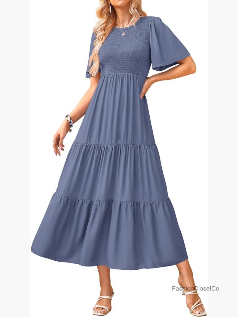 Flutter Short Sleeve Smocked A-Line Midi Dress Tiered Hem